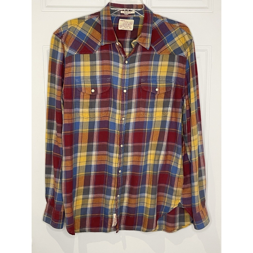 Lucky Brand Men's Large Pearl Snap Western Plaid Flannel Shirt 100% Cotton